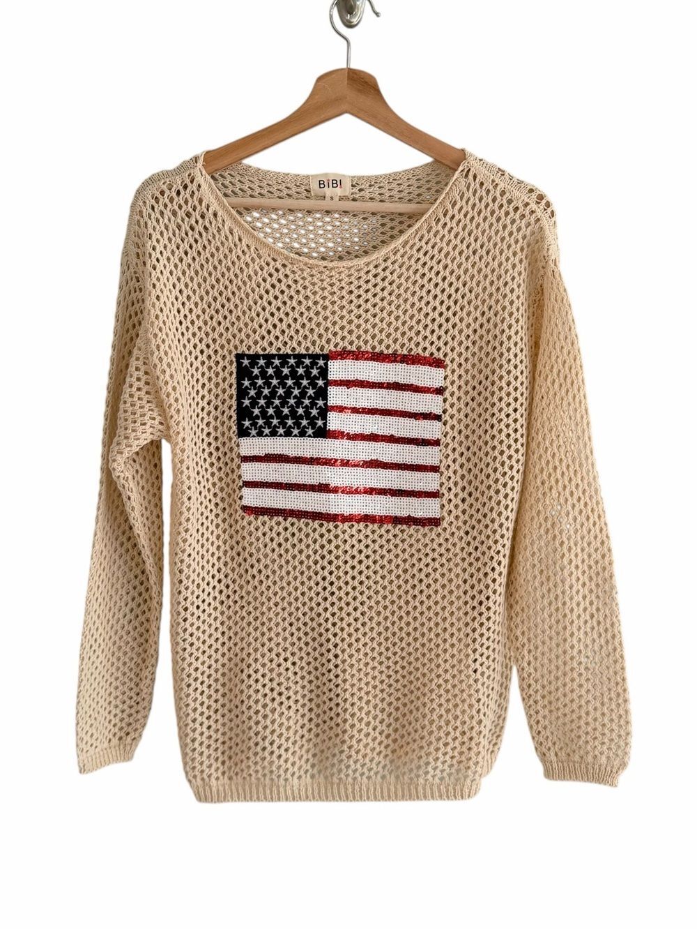 BiBi Womens Sequin American Flag Open Knit Cover Up Top Size S USA 4th of July